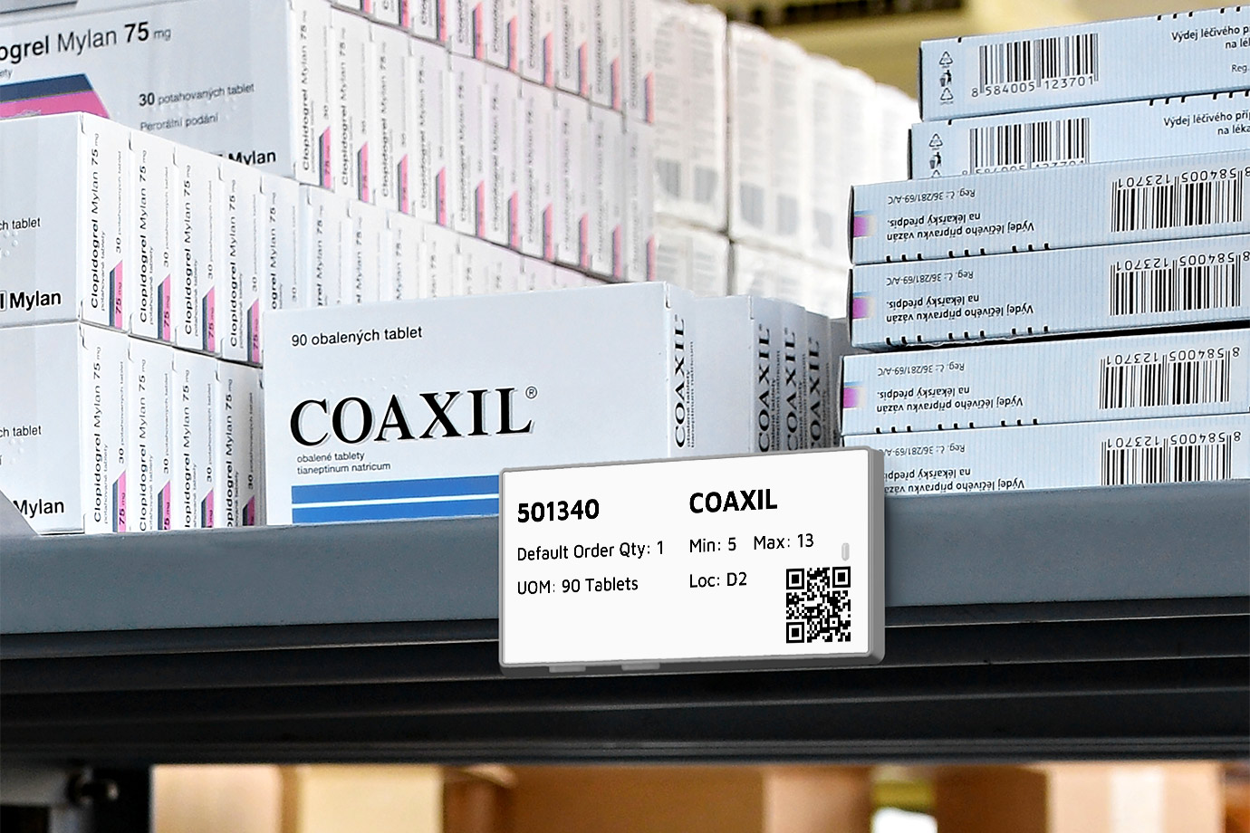 Solum electronic shelf label displaying min max levels and a QR code of medical supplies