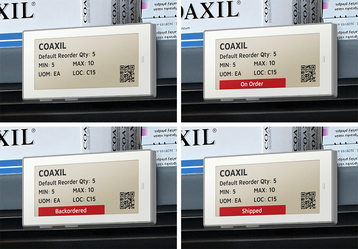 Solum electronic shelf label displaying min max levels and a QR code of medical supplies