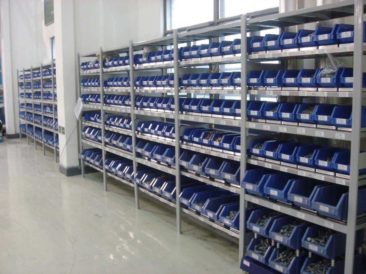 rack of shelves with many SensorBins for weight-based inventory replenishment